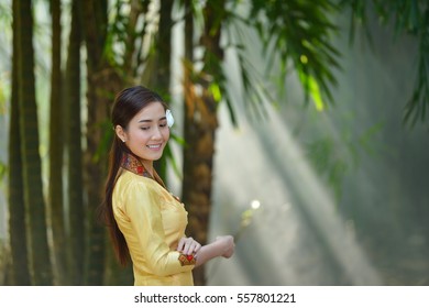 Woman Wearing Laos Traditional Dress Costume,vintage Style,Laos Culture,Laos