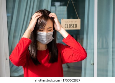 Woman Wearing Mask Closed Store With Sign Board Front Door Shop, Small Business Come Back Turning Agian After The Situation Is Resolved.