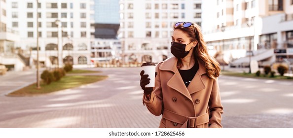 Woman Wearing Medical Face Mask And Gloves Holding The Cup Of Coffee, Walking Outside. Banner Size