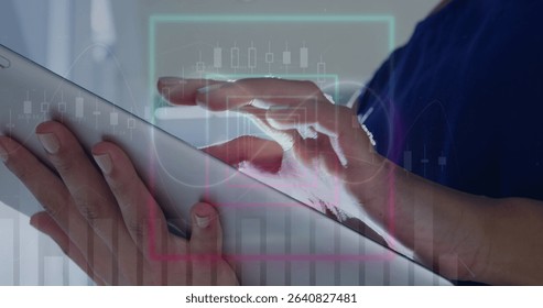 Woman wearing navy shirt tapping touchscreen tablet at office with candlestick, bar graph overlays. Technology, finance, data, analytics, investment, digital, business