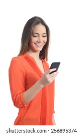 Woman Wearing An Orange Shirt Using A Mobile Phone Isolated On A White Background