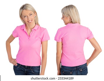 Woman Wearing Pink Polo Shirt, Front And Back Views