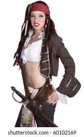 Woman wearing pirate halloween costume