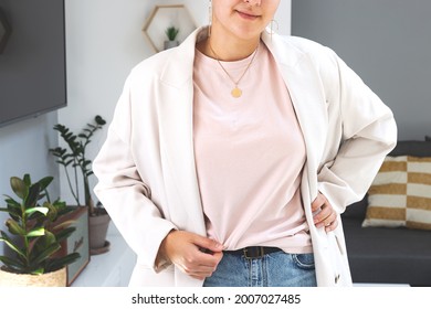 Woman wearing powdery color T-shirt Mock up under casual jacket. Bella Canvas Mockup. Mother's day shirt