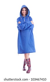 Woman Wearing Raincoat, Isolated On White