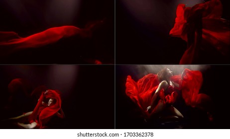 Woman Wearing Red Dress Is Floating Underwater In Dark Aquarium, Artistic Collage Shot