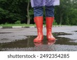 Woman wearing red rubber boots standing in puddle outdoors, closeup. Space for text