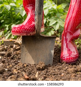 Woman wearing red rubber boots using shovel in her garden