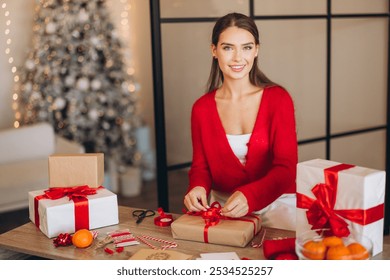 A woman wearing a red sweater is joyfully wrapping Christmas presents. The scene is festive, with beautifully decorated Christmas trees and twinkling lights in the background. - Powered by Shutterstock