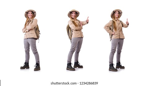 Woman Wearing Safari Hat On White