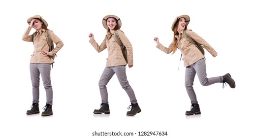 Woman Wearing Safari Hat On White