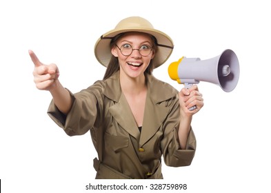 Woman Wearing Safari Hat On White