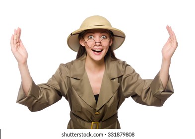 Woman Wearing Safari Hat On White