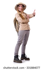 Woman Wearing Safari Hat On White