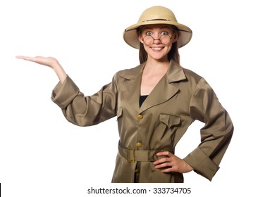 Woman Wearing Safari Hat On White