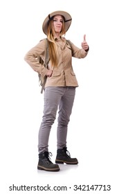 Woman Wearing Safari Hat On White