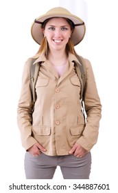 Woman Wearing Safari Hat On White