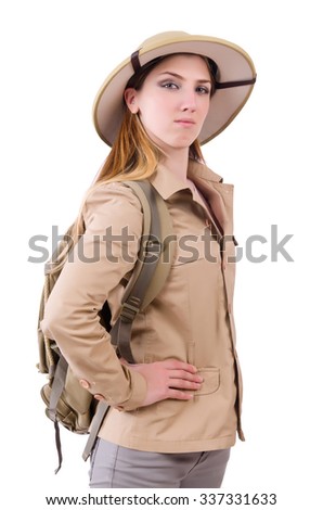 Woman wearing safari hat on white