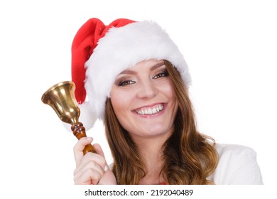 Woman Wearing Santa Claus Hat Ringing A Bell. Happiness Holidays Christmas Time Concept. Studio Shot Isolated On White