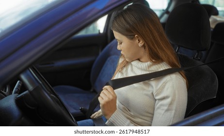 Mujer con cinturón de seguridad dentro de un automóvil en una calle de la ciudad, mostrando seguridad y responsabilidad en un entorno urbano, destacando el enfoque en el transporte y los viajes modernos.