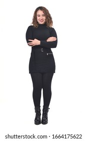 Woman Wearing Skirt And Boots On White Background, Arms Crossed