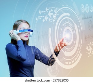 Woman Wearing Smart Glasses And Futuristic Graphical User Interface