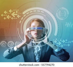 woman wearing smart glasses and various information visions