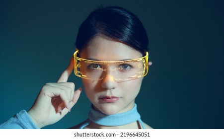 Woman Wearing Smart Glasses. VR Goggles.