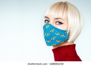 Woman Wearing Stylish Handmade Protective Face Mask. Fashion During Quarantine Of Coronavirus Outbreak. Copy, Empty Space For Text