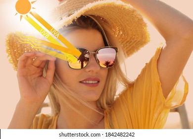 Woman wearing sunglasses outdoors. UVA and UVB rays reflected by lenses, illustration
