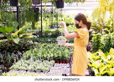 Woman Wearing Surgical Face Mask And Buying Plants At Garden Center