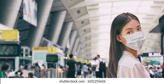 Woman Wearing Surgical Mask In Train Or Bus Station Walking Indoors. Prevention In Public Spaces.