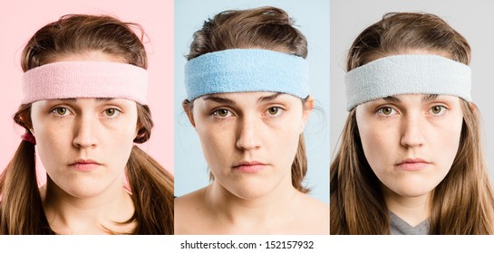 Woman wearing sweatbands Crazy funny faces portrait collection