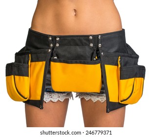 Woman Wearing Tool Belt Over Jeans Shorts, Close Up, Isolated Over White Background