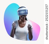 Woman wearing vr glass, technology concept, abstract shape badge. Woman using VR technology headset. Photo of technology and VR virtual reality. Happy African American woman with modern technology.