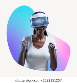 Woman wearing vr glass, technology concept, abstract shape badge. Woman using VR technology headset. Photo of technology and VR virtual reality. Happy African American woman with modern technology.
