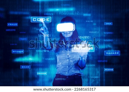 Woman wearing VR glasses virtual Global Internet connection security metaverse