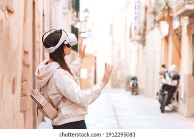 Woman Wearing Vr Headset In European Street, Virtual Travel Concept