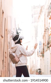 Woman Wearing Vr Headset In European Street, Virtual Travel Concept