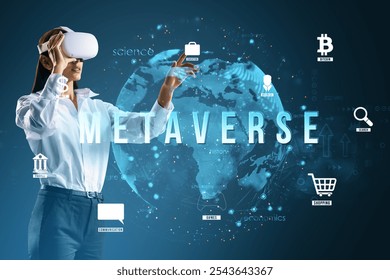 Woman wearing VR headset interacting with virtual metaverse icons in a futuristic digital setting, symbolizing virtual reality and technology concept - Powered by Shutterstock