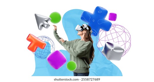 Woman wearing a VR headset interacts with colorful abstract objects, on a creative blue and white background, concept of virtual reality - Powered by Shutterstock