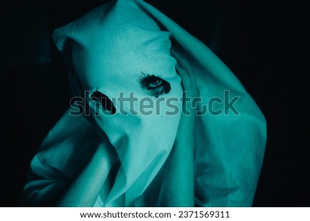A woman wearing a white ghostly attire with eye-hole cutouts. It captures the essence of a horror demon, evoking elements of mystique and terror. Halloween. The supernatural, fear, and the macabre.