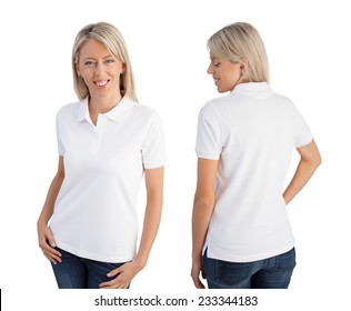 Woman Wearing White Polo Shirt, Front And Back Views