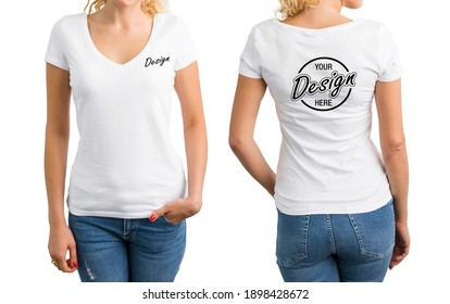 Woman Wearing White Shirt With Custom Print On Front And Back