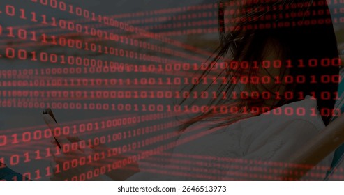 Woman wearing white shirt holding smartphone in dim room, with red binary code overlay, copy space. Futuristic, technology, cybersecurity, digital, network, innovation, mystery