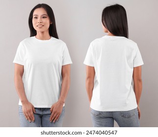 Woman wearing white t-shirt on light grey background, collage of photos. Front and back views