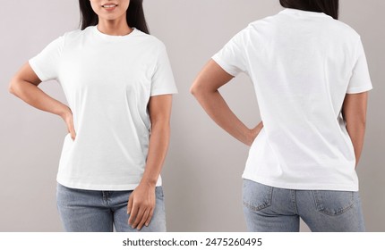 Woman wearing white t-shirt on light grey background, collage of closeup photos. Front and back views