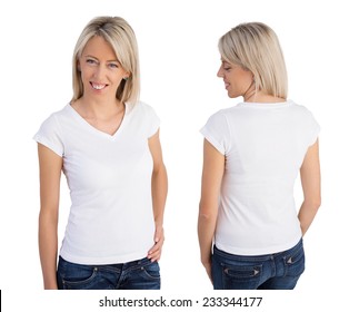 Woman wearing white v-neck t-shirt, front and back views