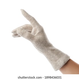 Woman wearing woolen glove on white background, closeup