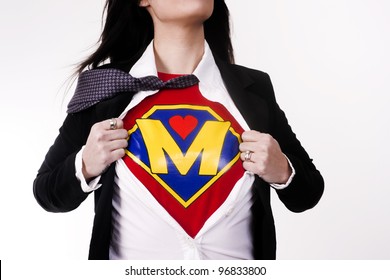 Woman Wears A Superhero Style T-shirt Under Her Business Suit Modern Mom Mother Super Parent Character